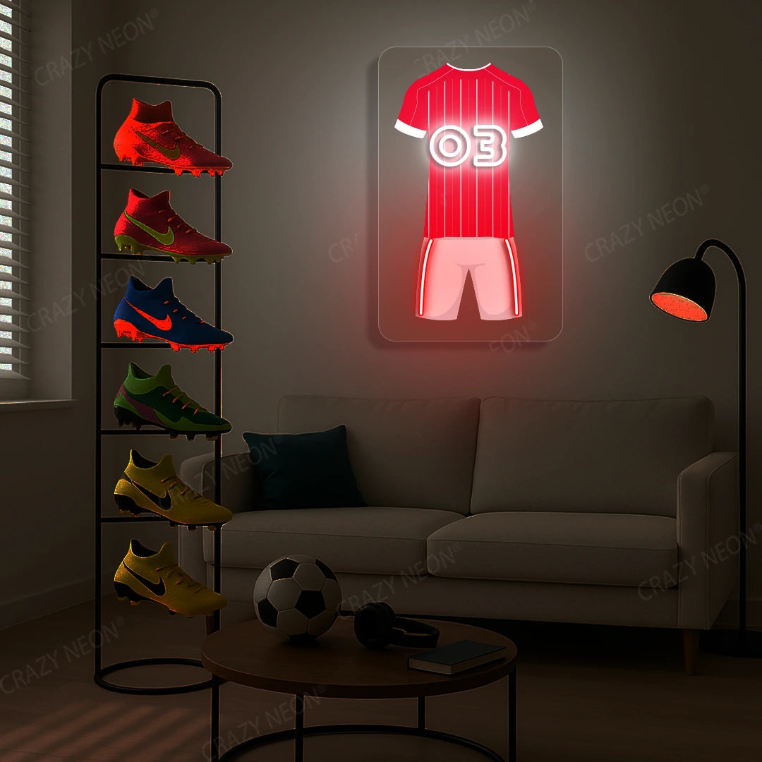Red pinstriped football jersey neon artwork with number 03 glowing on a beige wall