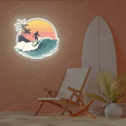 warm white surfer wave palm tree neon artwork mounted on a wall