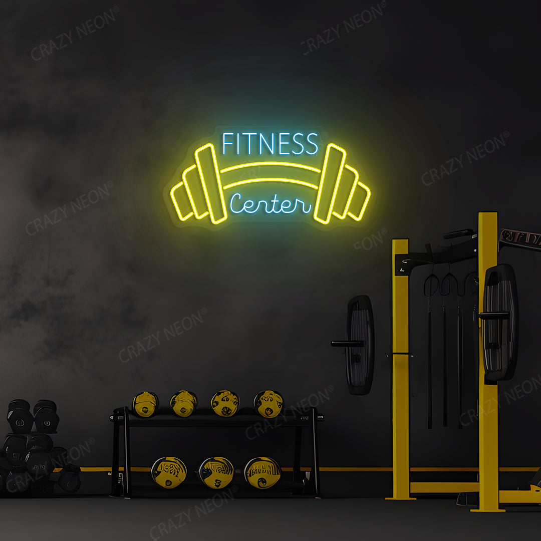 yellow and ice blue fitness center neon sign mounted on a wall