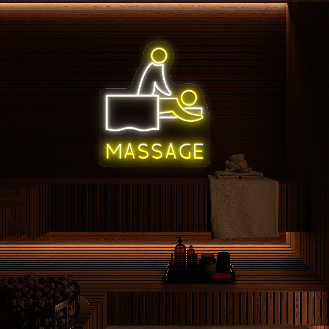 Tranquil Touch Massage neon sign glowing in white and yellow colors mounted on a wooden spa wall