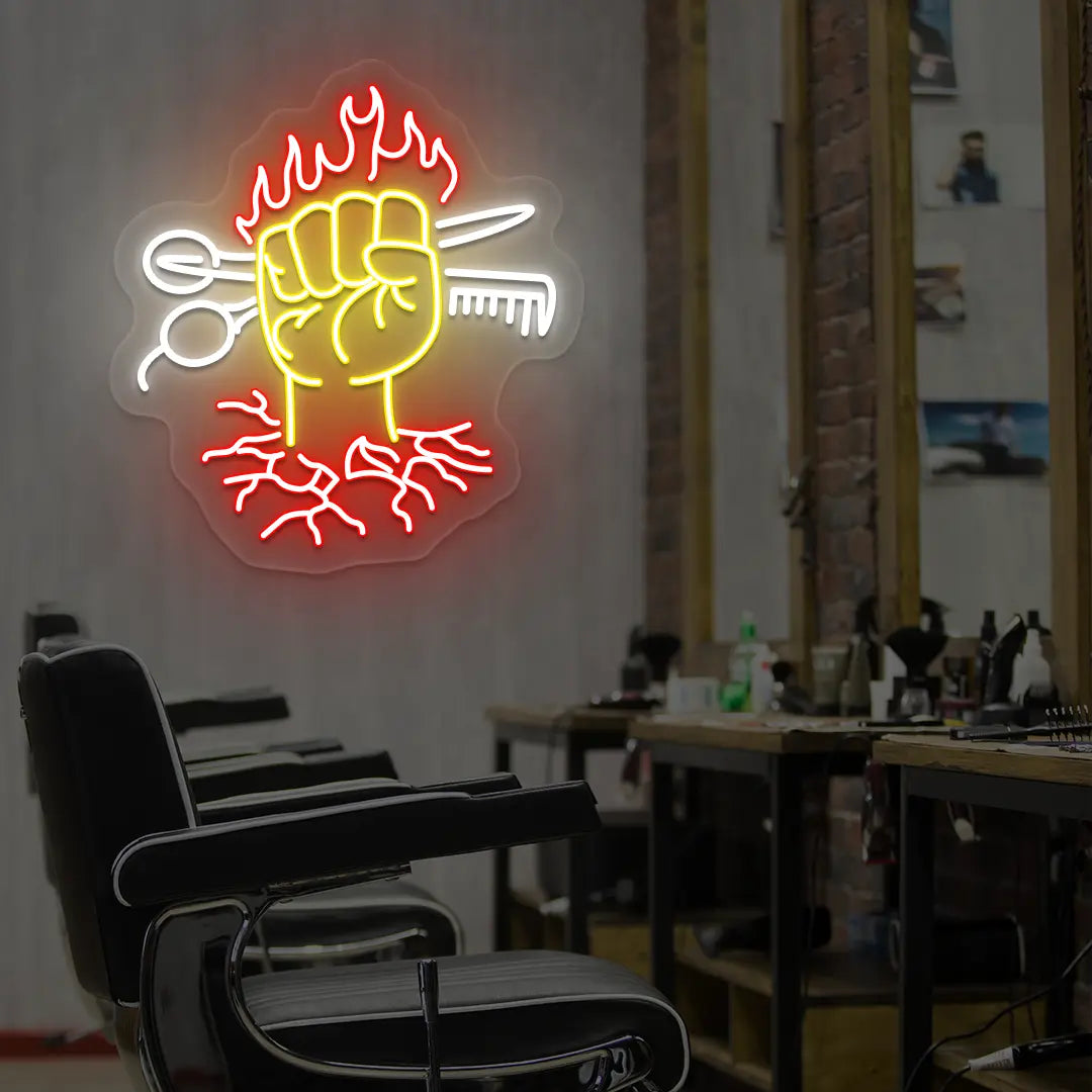 Barber Power Fist LED Neon Sign in Yellow colour