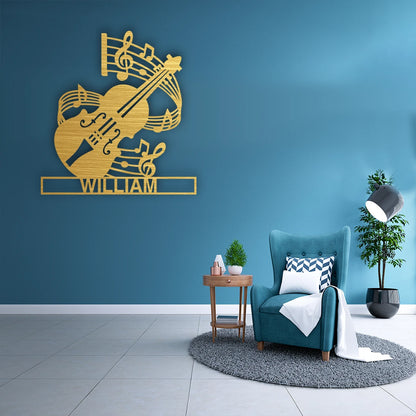 Violin Music Notes Custom Name Metal Monogram in Golden finish