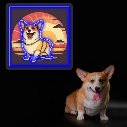 Smiling Corgi Sunset Portrait Neon Artwork in blue color