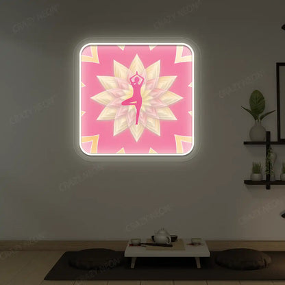 Vrikshasana Mandala Yoga Neon Artwork lighting up in warm white color in a yoga room