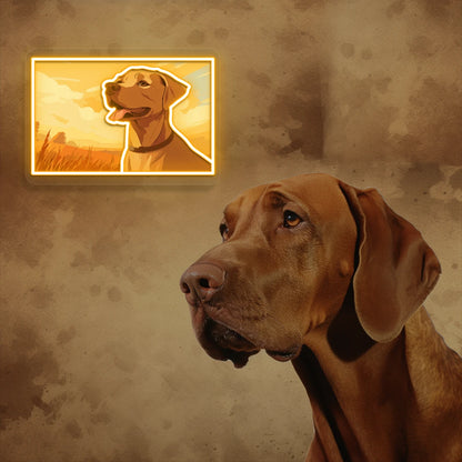 Sunset Field Vizsla Dog Neon Artwork in orange color