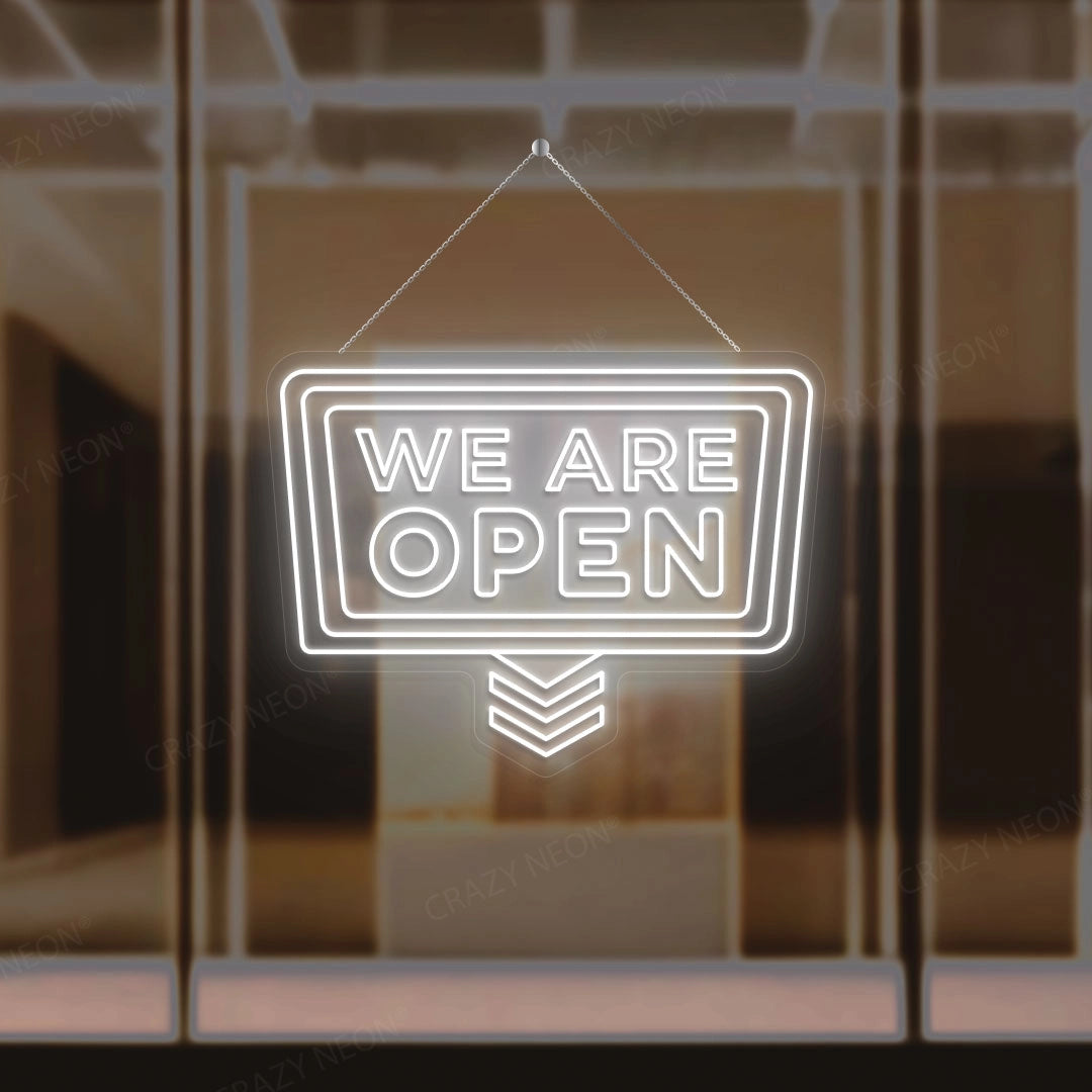 We Are Open Sign with downward Arrow | White