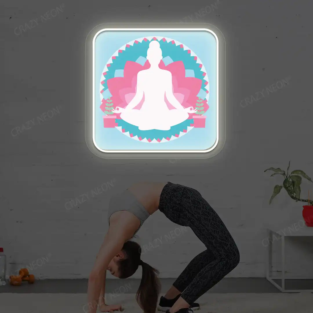 Padmasana Mandala Yoga Neon Artwork lighting up in warm white color in a yoga room