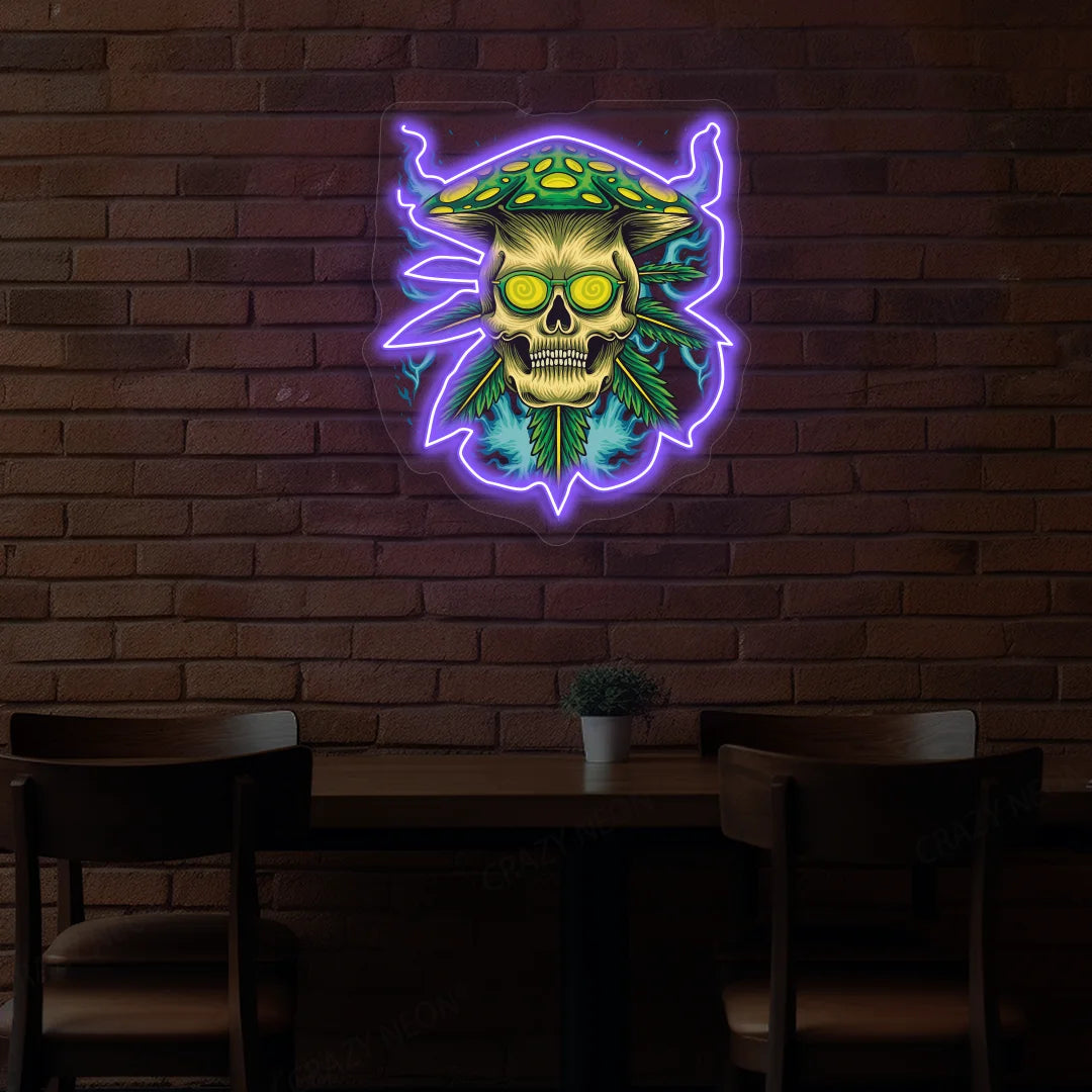 Psychedelic Skull Mushroom Hat Weed Neon Artwork in Purple Color