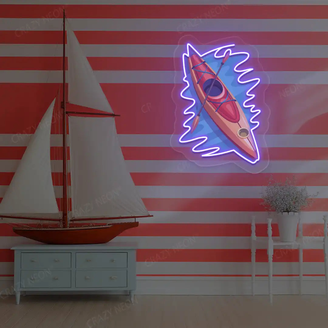 purple floating kayak neon artwork mounted on a wall