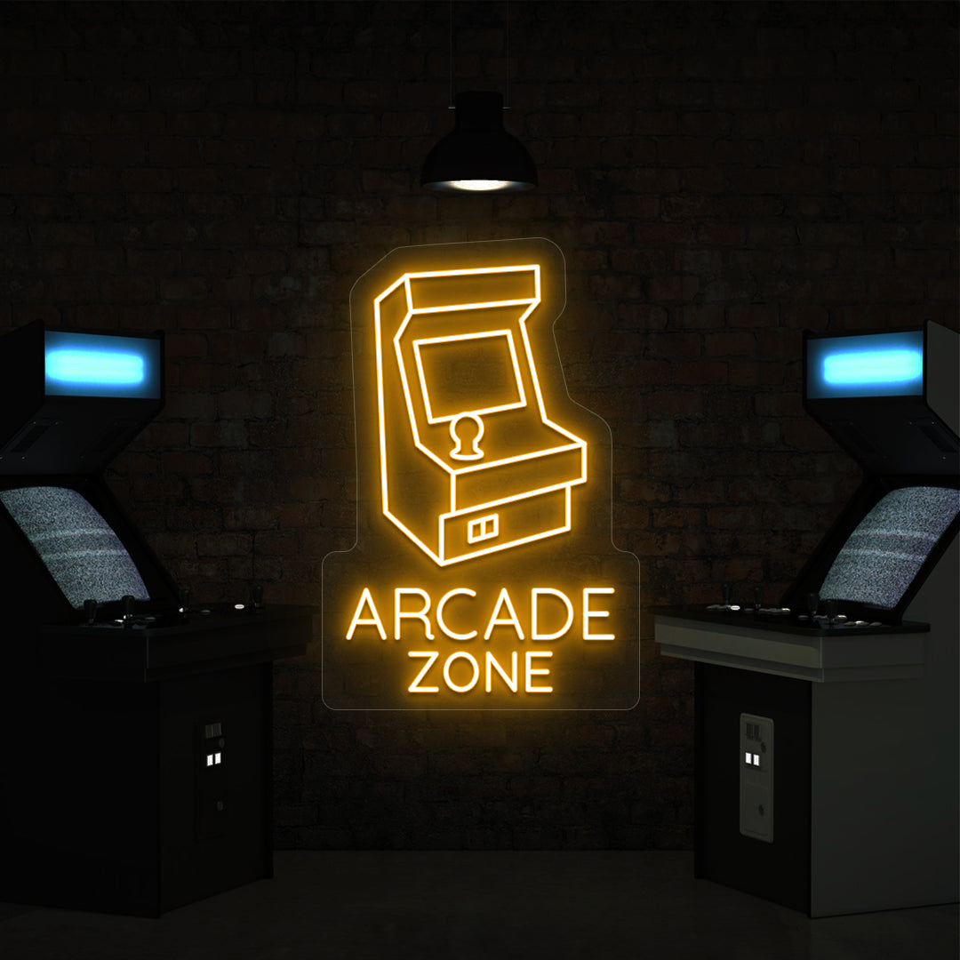 orange nostalgic arcade zone vintage neon sign mounted on a wall