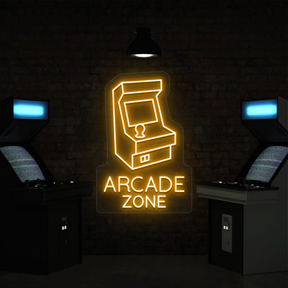 orange nostalgic arcade zone vintage neon sign mounted on a wall