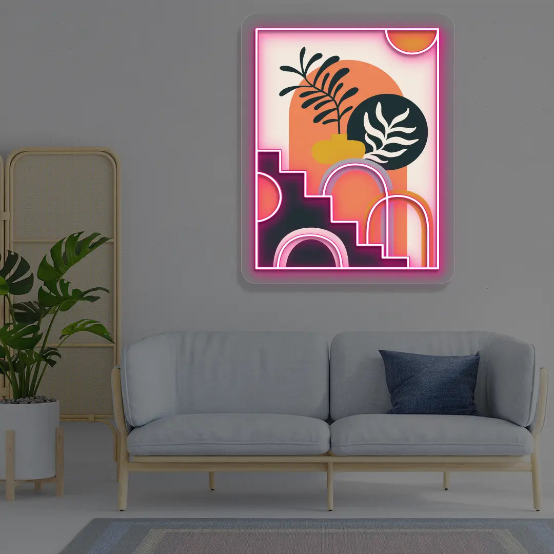 Boho Botanical Staircase Abstract Neon Artwork in Pink color