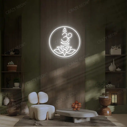Om Lotus Neon Sign lighting up in white color in a yoga room
