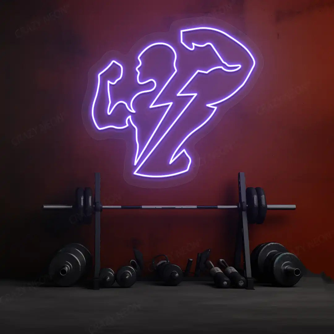 purple thunder bolt physique neon sign mounted on a wall