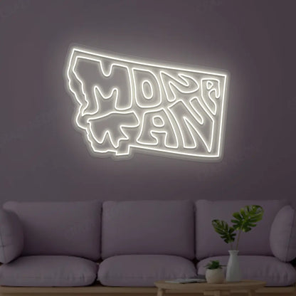 MONTANA Map Neon Sign lighting up in warmwhite color in a room