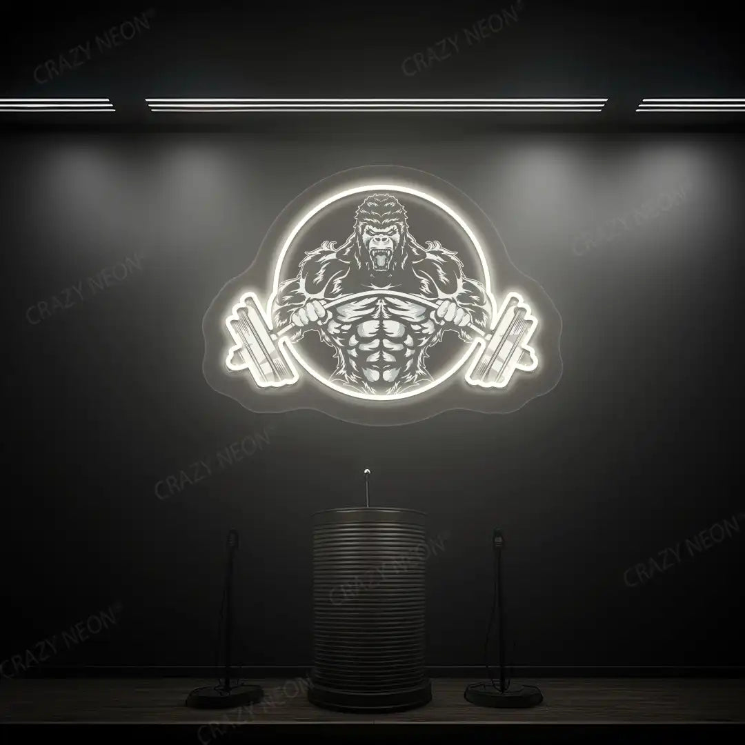 warm white roaring gorilla gym neon artwork mounted on a wall