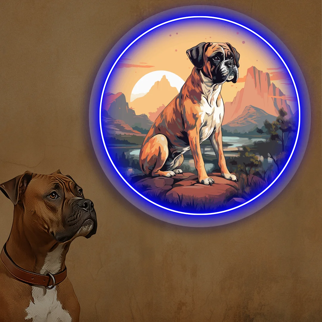 Desert Sunset Boxer Dog Neon Artwork in Blue Color