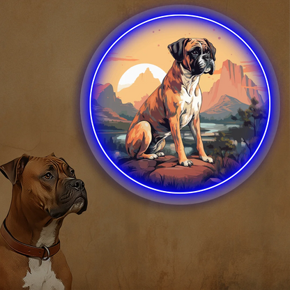Desert Sunset Boxer Dog Neon Artwork in Blue Color
