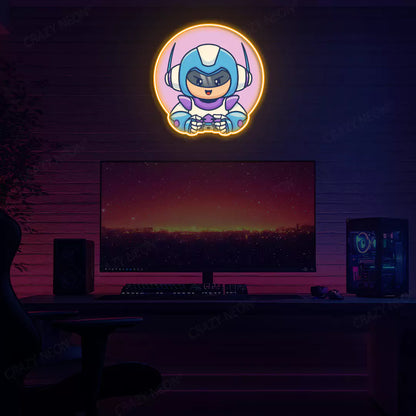 Kid Robot Gamer Neon Artwork in Orange Colour Mounted on wall 