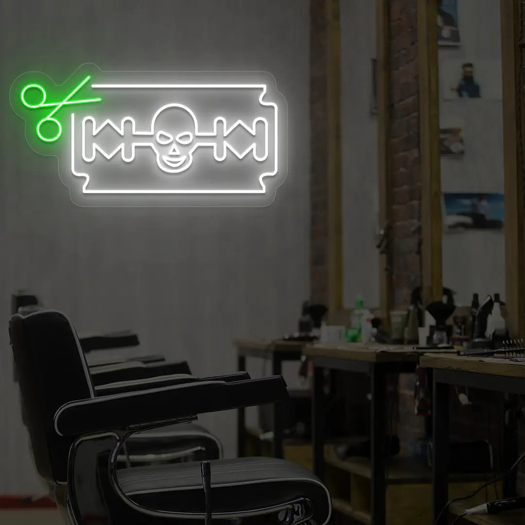 Skull Razor Blade Barber Neon Sign in Green colour 
