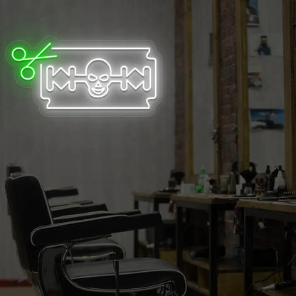 Skull Razor Blade Barber Neon Sign in Green colour 