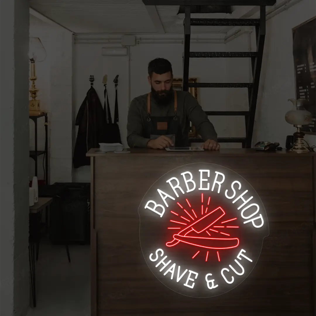 Barber Shop Shave & Cut Neon Sign in White and Red Colour mounted on wall