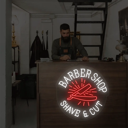 Barber Shop Shave & Cut Neon Sign in White and Red Colour mounted on wall
