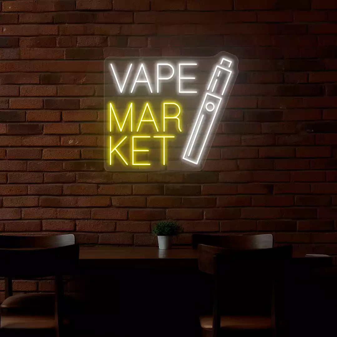 Vape Market Neon Sign in Yellow and White Colour mounted on wall