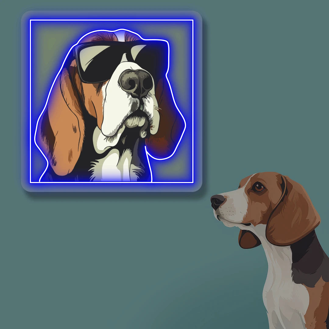 Cool Shades Beagle Portrait Neon Artwork in blue color