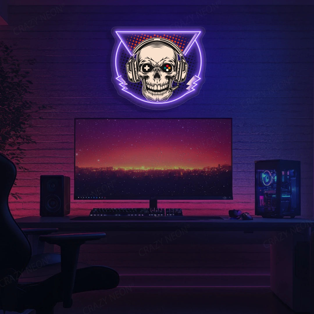 Skull Headphone Gaming Neon Artwork in Purple color