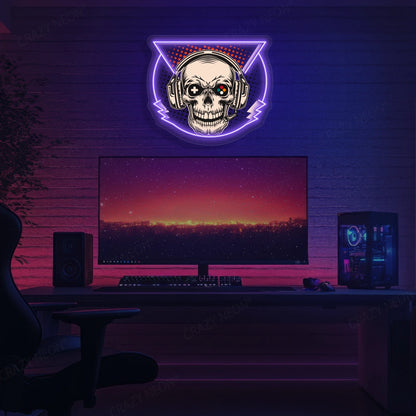 Skull Headphone Gaming Neon Artwork in Purple color