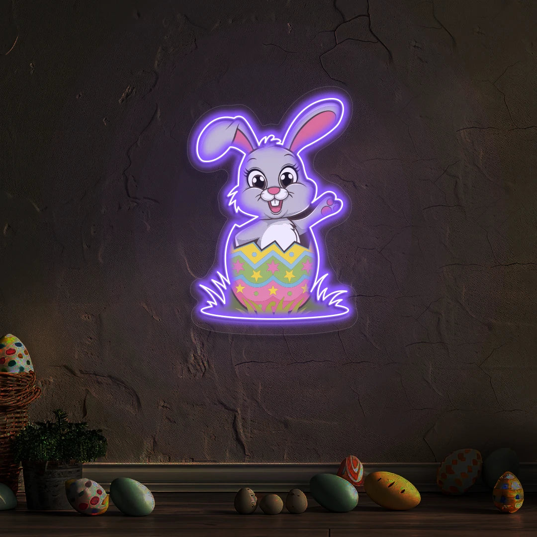 Easter Bunny in Egg Neon Artwork in Purple color