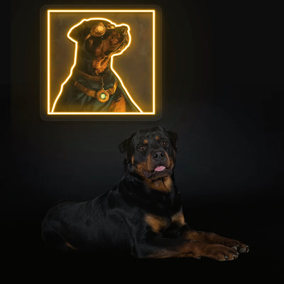Steampunk Guardian Rottweiler Neon Artwork in Orange Color