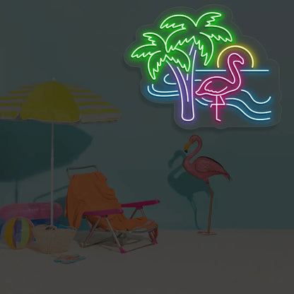 Tropical Flamingo Neon Sign in Iceblue color