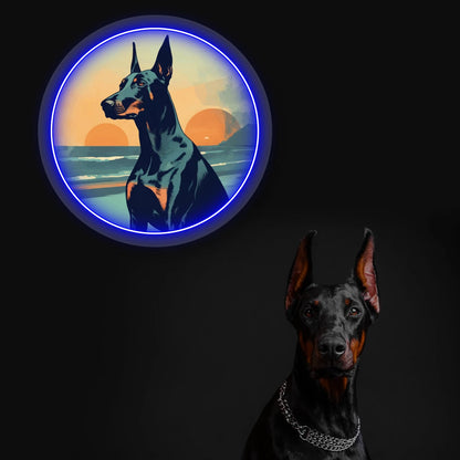 Twin Sunset Beach Doberman Neon Artwork in Blue Color