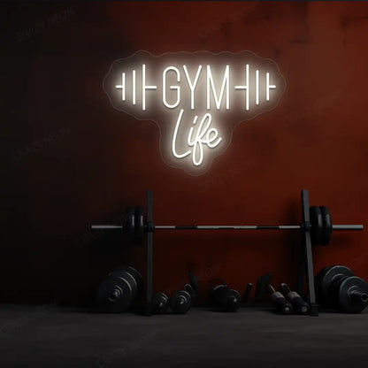 warm white gym life neon sign mounted on a wall