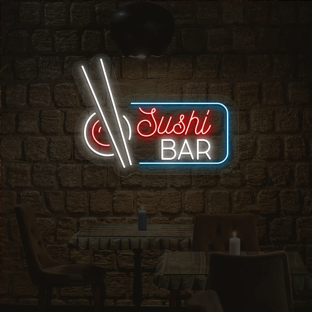 red white and ice blue sushi bar neon sign mounted on a wall
