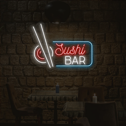 red white and ice blue sushi bar neon sign mounted on a wall