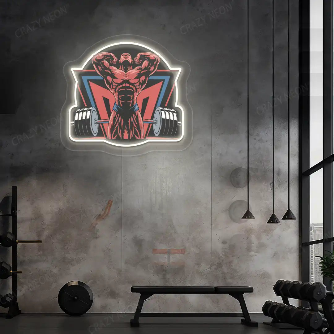 warm white powerlifter era gym neon artwork mounted on a wall