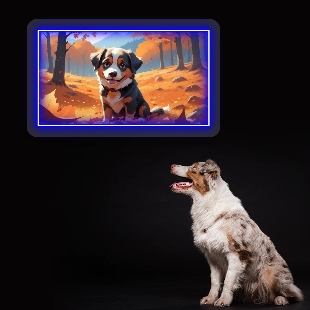 Autumn Forest Australian Shepherd Puppy Neon Artwork in Blue Color