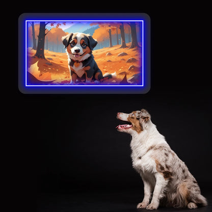 Autumn Forest Australian Shepherd Puppy Neon Artwork in Blue Color