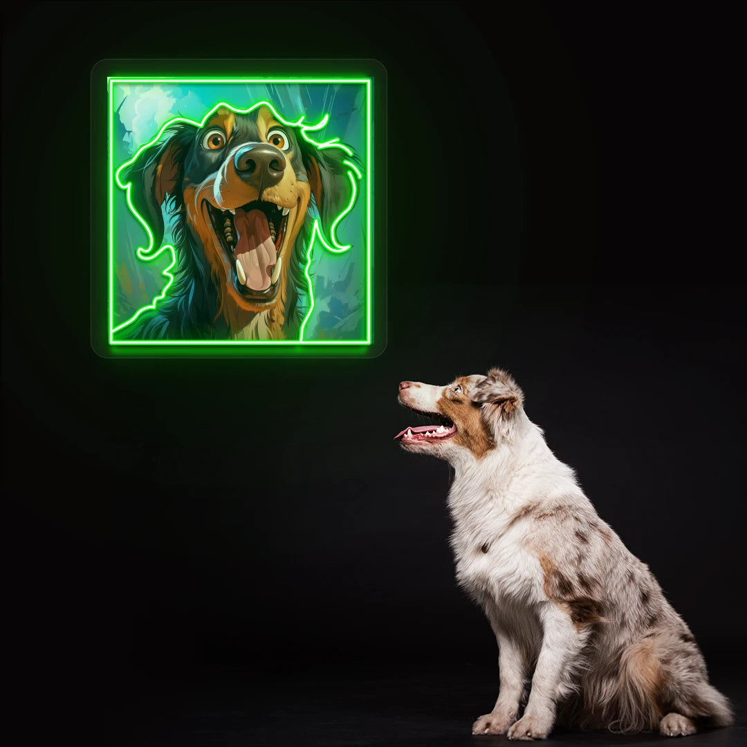 Happy Australian Shepherd Portrait Neon Artwork in Green Color