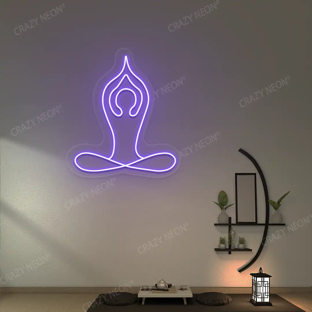 Padmasana With Raised Arms Yoga Neon Sign lighting up in purple color in a yoga room
