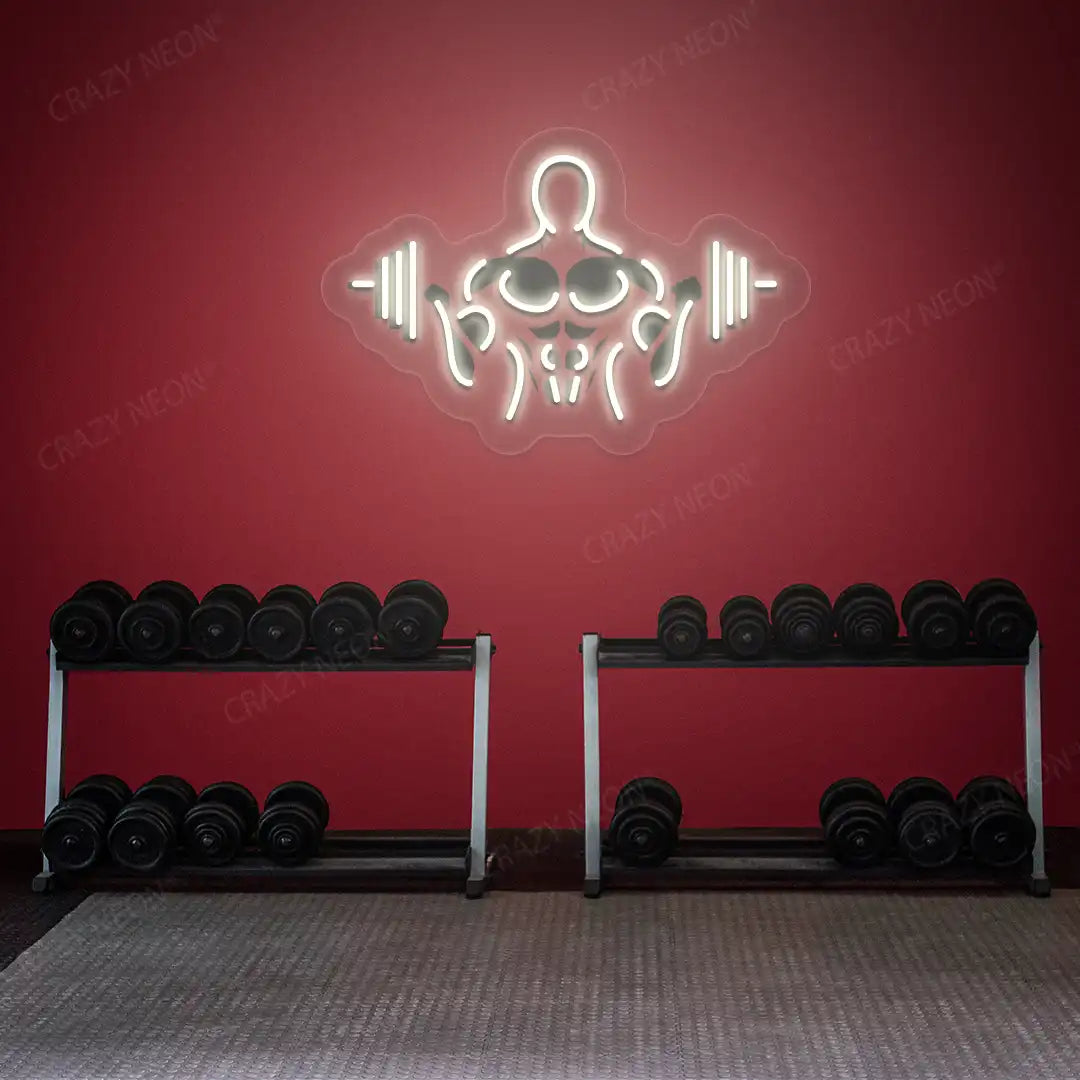 warm white gymer outline neon artwork mounted on a wall