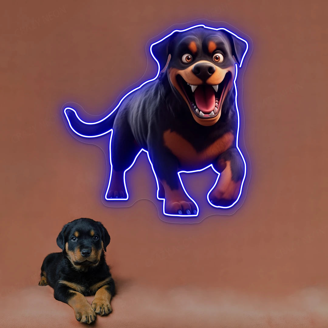 Playful Puppy Rottweiler Neon Artwork in blue color