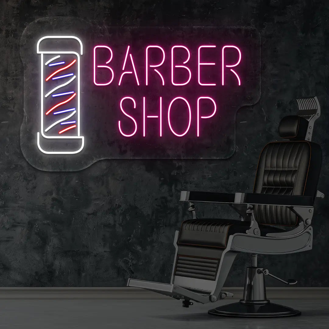 Barber Shop LED Neon Sign in Pink Colour mounted on wall 