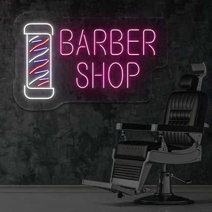 Barber Shop LED Neon Sign in Pink Colour mounted on wall 