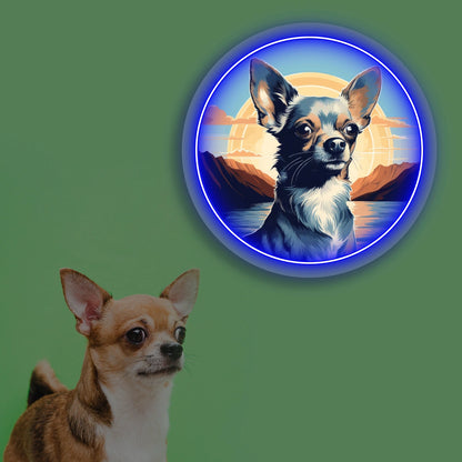 Sunset Lake Chihuahua Portrait Neon Artwork in blue color