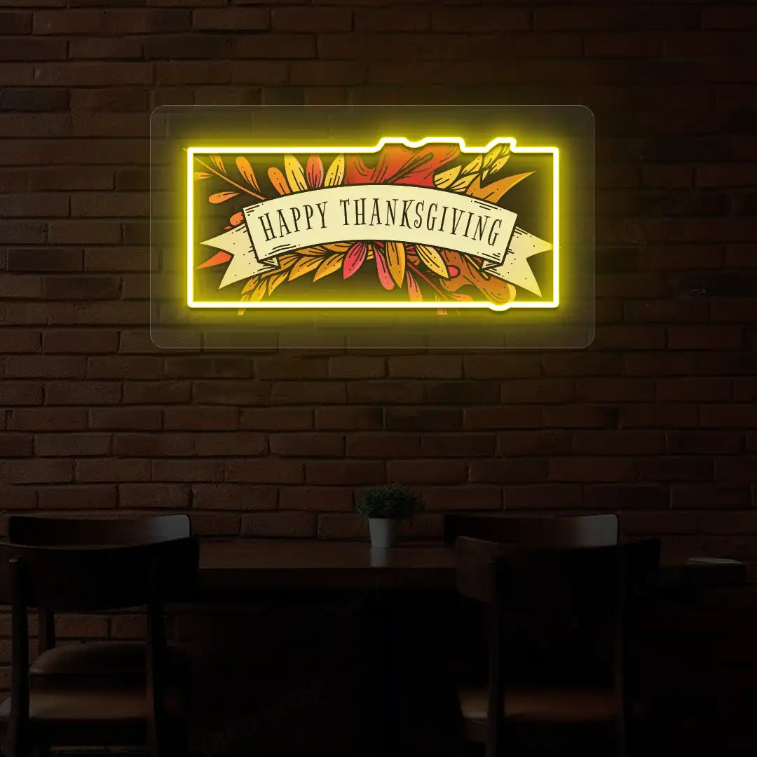 Autumn leaves happy thanksgiving neon sign in yellow