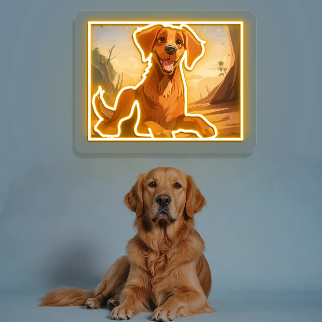 Golden Retriever Portrait Neon Artwork in Orange color